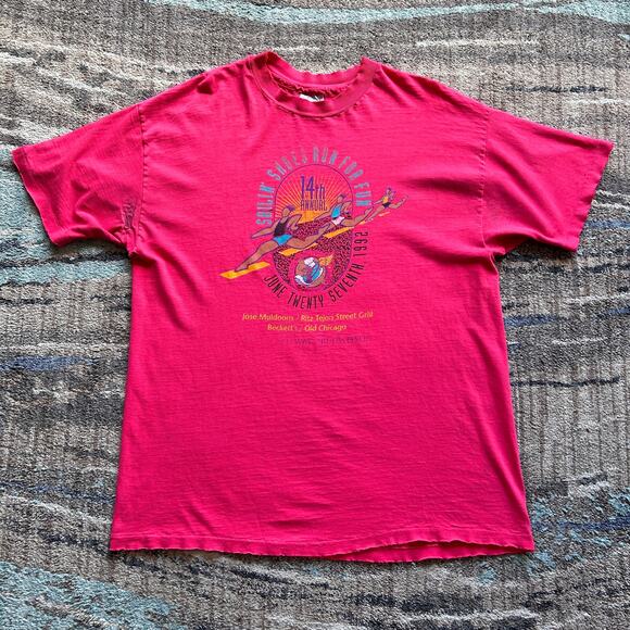 Vintage 1992 Sailin' Shoes Run for Fun 5k 10k Bright Pink Running Shirt Sz XL - Picture 1 of 8